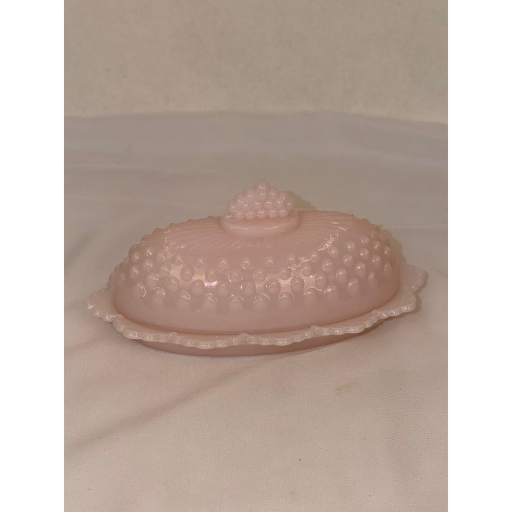 Mosser Pink Opalescent Glass Gigi Hobnail Butter Dish Scalloped Edge